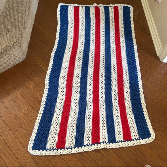 EUC handmade crocheted blanket afghan in red, white and blue. 41x77 inches. - Picture 3 of 7